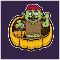 zombie Aan groot pompoen tekenfilm. halloween sticker logo. vector