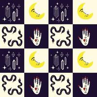 spookachtig mystiek patroon met magisch symbolen slangen, maan, handen. vector