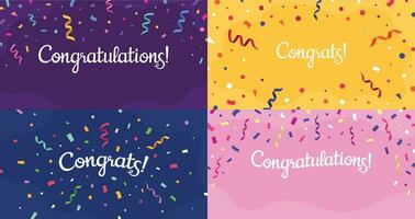 Gefeliciteerd confetti spandoek. Proficiat kaart met kleur confetti, felicitatie belettering banners vector reeks