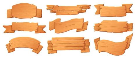 houten spandoeken. hout planken, banier bord en tekenfilm uithangbord vector reeks