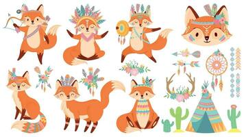 tribal vos. schattig vossen, Indisch veer warbonnet en wild dier tekenfilm vector illustratie reeks