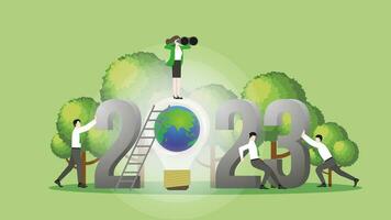 visie zakenvrouw toepassingen kijker Aan 2023 en de wereld licht lamp met team. vector
