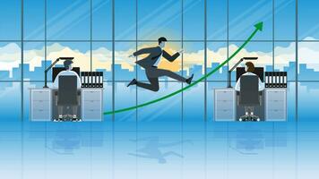 appy zakenman net zo team leider springen in kantoor werken kamer met samenspel medewerkers en groen diagram pijl omhoog statistieken. vector
