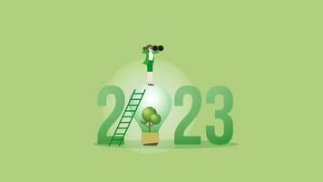 visie zakenvrouw Aan de jaar 2023 en boom licht lamp. vector