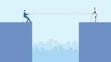een zakenman en robot vechten voor een positie door een sleepboot van oorlog touw. conflict van menselijk versus cyborg concurrerende in de werken dag. vector