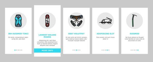 berg avontuur bergbeklimmen onboarding pictogrammen reeks vector