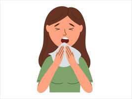 ongezond vrouw niest lijden van griep of koud. ziek mensen worstelen met Gezondheid problemen, hebben influenza of covid symptomen. vector illustratie