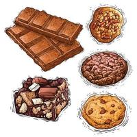 chocolade, koekje en cake met noten dessert aquarel illustratie vector