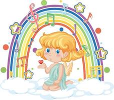 cupido-meisje op de wolk met melodiesymbolen op regenboog vector