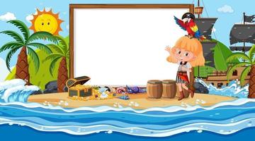 lege bannersjabloon met piratenmeisje op het strand overdag scène vector