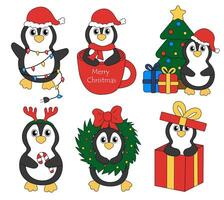reeks van tekenfilm Kerstmis en nieuw jaar pinguïn karakters. schattig pinguïns in kop en in geschenk doos, guirlande, snoep riet, hert gewei hoofdband, lauwerkrans, Kerstmis boom. vector vlak illustratie.