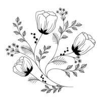 samenstelling van bloemen en bladeren, zwart schetsen. lineair tekening van bloeiende bloemen Aan een wit achtergrond. vector