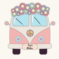 hippie wijnoogst bus met bloemen. groovy retro hippie reizen bestelwagen. vrede, reis, avontuur, hippie cultuur concept. vector illustratie