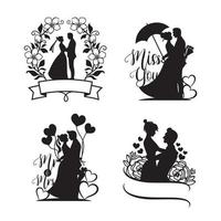 set van bruid en bruidegom silhouet illustratie, gelukkig paar vector