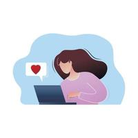 een vrouw werkt op een laptop, stuurt een bericht met liefde vector