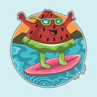 watermeloenkarakter draagt een coole bril tijdens het surfen in de zomer vector