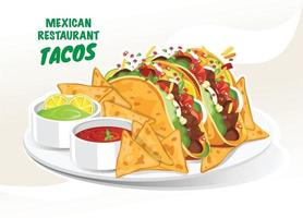 taco's in maïstortilla, nacho's in een bord met sausvector vector