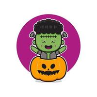 schattige frankenstein met pompoen halloween cartoon pictogram illustratie vector