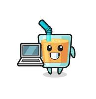 mascotteillustratie van sinaasappelsap met een laptop vector