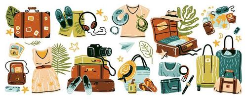 reis spullen. set van verschillende items voor vakantie vector