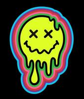 grappig psychedelisch surrealistische techno zuur LSD smelten glimlach gezicht logo. druipend glimlach. mooi zo humeur. positief emoji. gesmolten. vector emoji. Gesloten ogen.