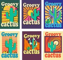 reeks ontwerp groovy cactus voor affiches, t-shirts jaren 70 hippie vector