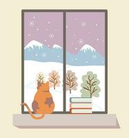 dik kat met een stapel van boeken Aan de Rechtsaf kant genieten van de buitenshuis visie van de winter landschap van achter de venster vector