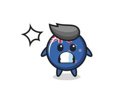 Nieuw-Zeelandse vlag badge karakter cartoon met geschokt gebaar vector