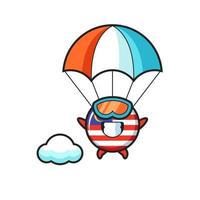 Maleisische vlag badge mascotte cartoon is aan het parachutespringen met een gelukkig gebaar vector