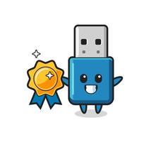 flash drive usb mascotte illustratie met een gouden badge vector
