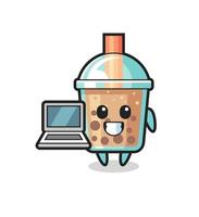 mascotteillustratie van bubbelthee met een laptop vector