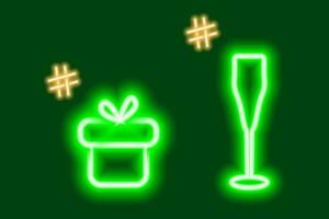 2 neon lichtgevend pictogrammen van geschenk doos en wijn glas met hashtags. concept voor felicitatie of zoeken vector