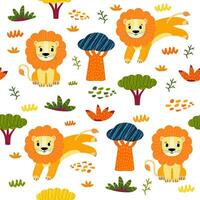 naadloos patroon met Afrikaanse dieren en planten in een kinderachtig tekenfilm stijl. vector illustratie. voor kinderen textiel en decoratie