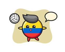 karakter cartoon van colombia vlag badge speelt volleybal vector