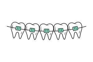 tanden met een beugel in tekening stijl. correctief orthodontie. tandheelkundig zorg. lineair vector illustratie.