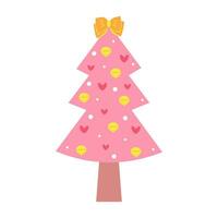 roze Kerstmis boom. schattig pastel versierd Kerstmis boom met kerstballen, harten en boog. vector
