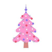 roze Kerstmis boom. schattig pastel versierd Kerstmis boom met kerstballen, bogen en sneeuwvlokken. vector