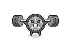 auto wiel mascotte cartoon met een barbell vector