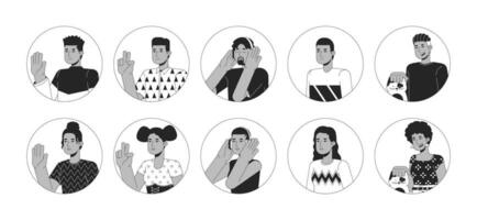 Afrikaanse Amerikaans millennial zwart en wit 2d vector avatars illustratie set. afro Dames, mannen schets tekenfilm karakter gezichten geïsoleerd. Hallo, winnaar, muziek- genieten vlak gebruiker profiel beeld verzameling