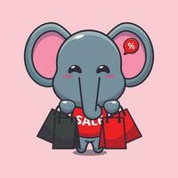 schattig olifant met boodschappen doen zak in zwart vrijdag uitverkoop tekenfilm vector illustratie