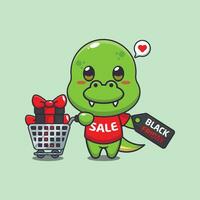 schattig dino met boodschappen doen kar en korting coupon zwart vrijdag uitverkoop tekenfilm vector illustratie