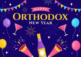 gelukkig orthodox nieuw jaar vector illustratie Aan 14 januari met kerk en vuurwerk voor poster of banier in vlak tekenfilm achtergrond ontwerp