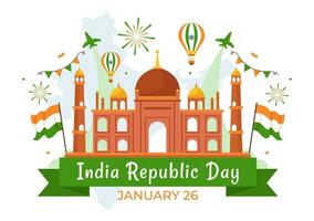 gelukkig Indië republiek dag vector illustratie Aan 26 januari met Indisch vlag en poort in vakantie nationaal viering vlak tekenfilm achtergrond ontwerp