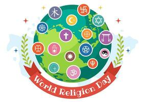 wereld religie dag vector illustratie Aan 17 januari met symbool pictogrammen van verschillend religies voor poster of banier in vlak tekenfilm achtergrond
