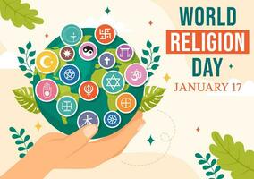 wereld religie dag vector illustratie Aan 17 januari met symbool pictogrammen van verschillend religies voor poster of banier in vlak tekenfilm achtergrond