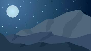 berg in de nacht landschap vector illustratie. silhouet van berg reeks in de nacht met sterrenhemel lucht. berg landschap voor achtergrond, behang of landen bladzijde
