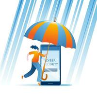 een meisje met een paraplu beschermt haar mobiel telefoon van hacker aanvallen. vector