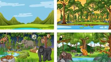 set van verschillende bos horizontale scènes met verschillende wilde dieren vector
