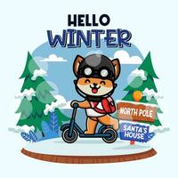 schattig vos bevrijden trap scooter in winter seizoen vector