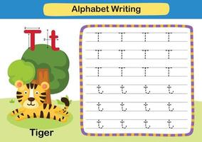 alfabet letter oefening t-tijger met cartoon woordenschat vector